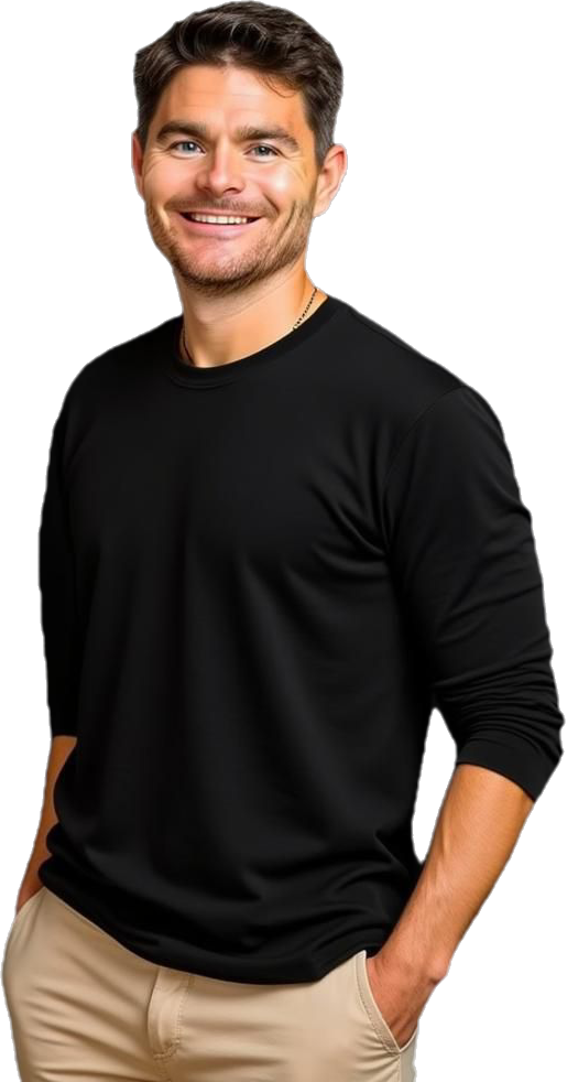 Man wearing a plain black long-sleeve shirt against a white background.