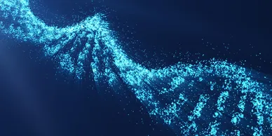 Abstract glowing blue DNA strand illustration.