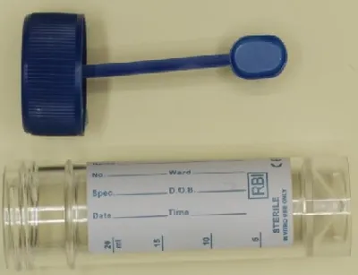 Sterile specimen container with blue lid.