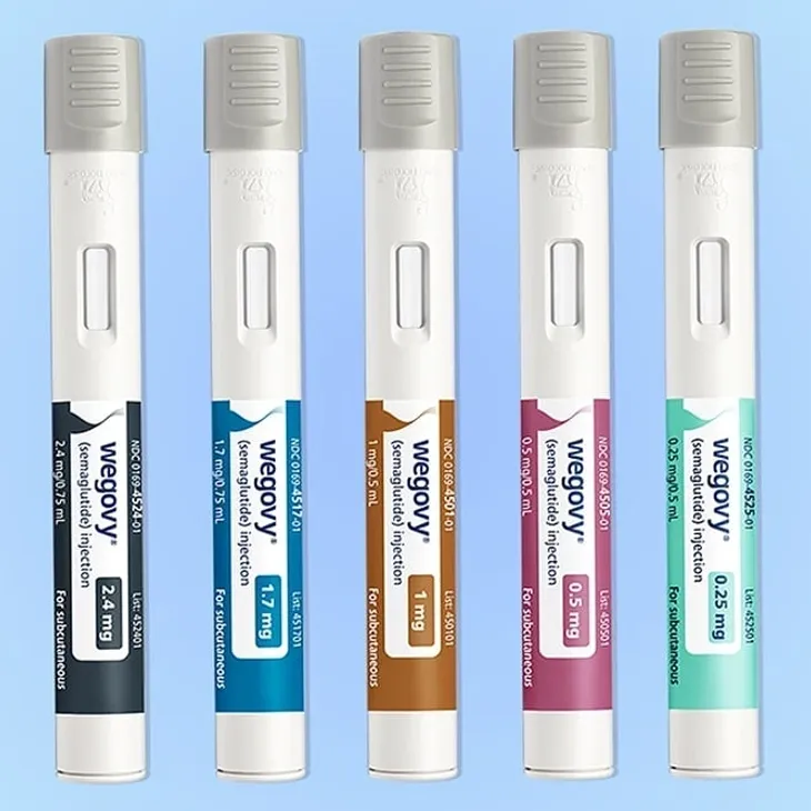 Five Wegovy injection pens, different dosages.