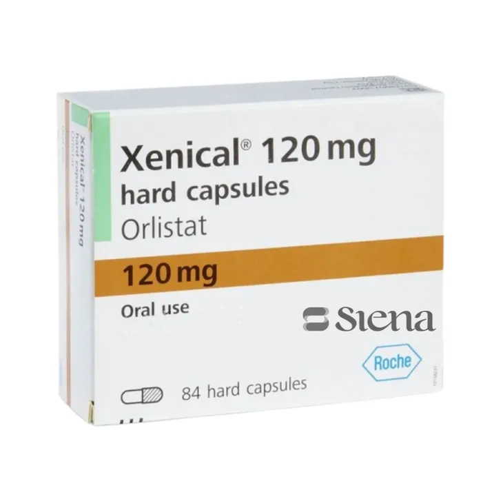 Xenical 120 mg capsule box packaging.