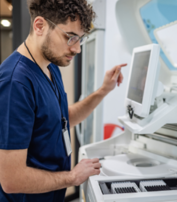Healthcare professional operating medical equipment in a hospital.
